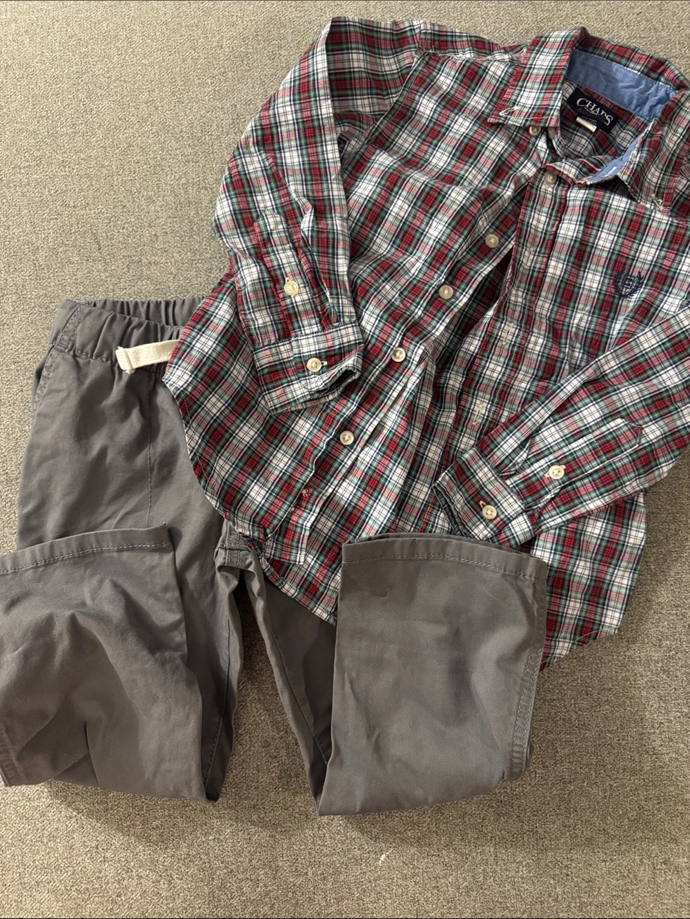 5/$15- Chaps Plaid Button-Down Shirt with Gray Drawstring Pants